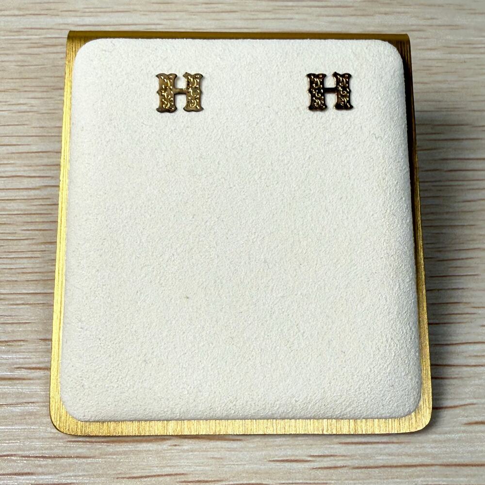 Vintage 60s 70s Letter Initial H Small Stud Post Earrings Gold Tone Ornate